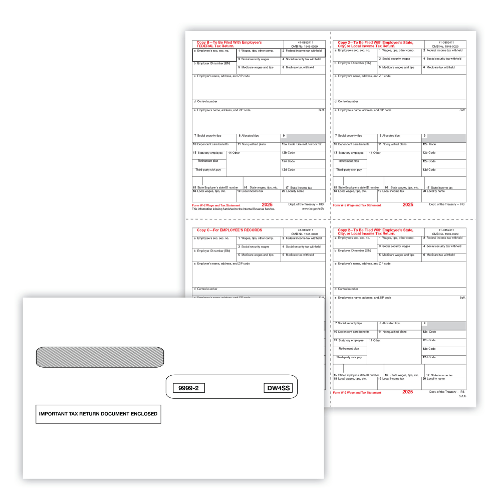 ComplyRight W-2 Tax Form Set, Employee Copies Only, 4-Part, Copies B, C, 2, 2, 4-Up (Box), 8-1/2in x 11in, Pack Of 50 Forms and Envelopes, 5205E25 MPN:5205E25