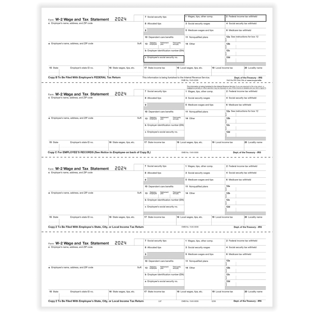 ComplyRight W-2 Tax Forms, 4-Up (Horizontal Format), Employee's Copies B, C, 2 & 2 Combined, Laser, 8-1/2in x 11in, Pack Of 25 Forms MPN:52062524
