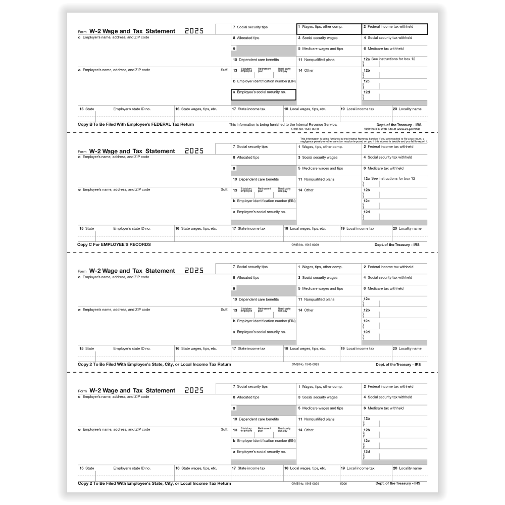 ComplyRight W-2 Tax Forms, Employee's Copies B, C, 2 & 2 Combined, 4-Up (Horizontal Format), 8-1/2in x 11in, Pack Of 500 Forms, 5206B25 MPN:5206B25