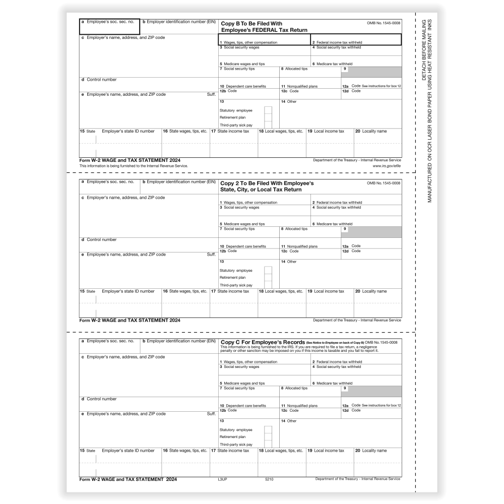 ComplyRight W-2 Tax Forms, 3-Up (W-Style), Employee's Copies B, C & 2 Combined, Laser, 8-1/2in x 11in, Pack Of 25 Forms MPN:52102524