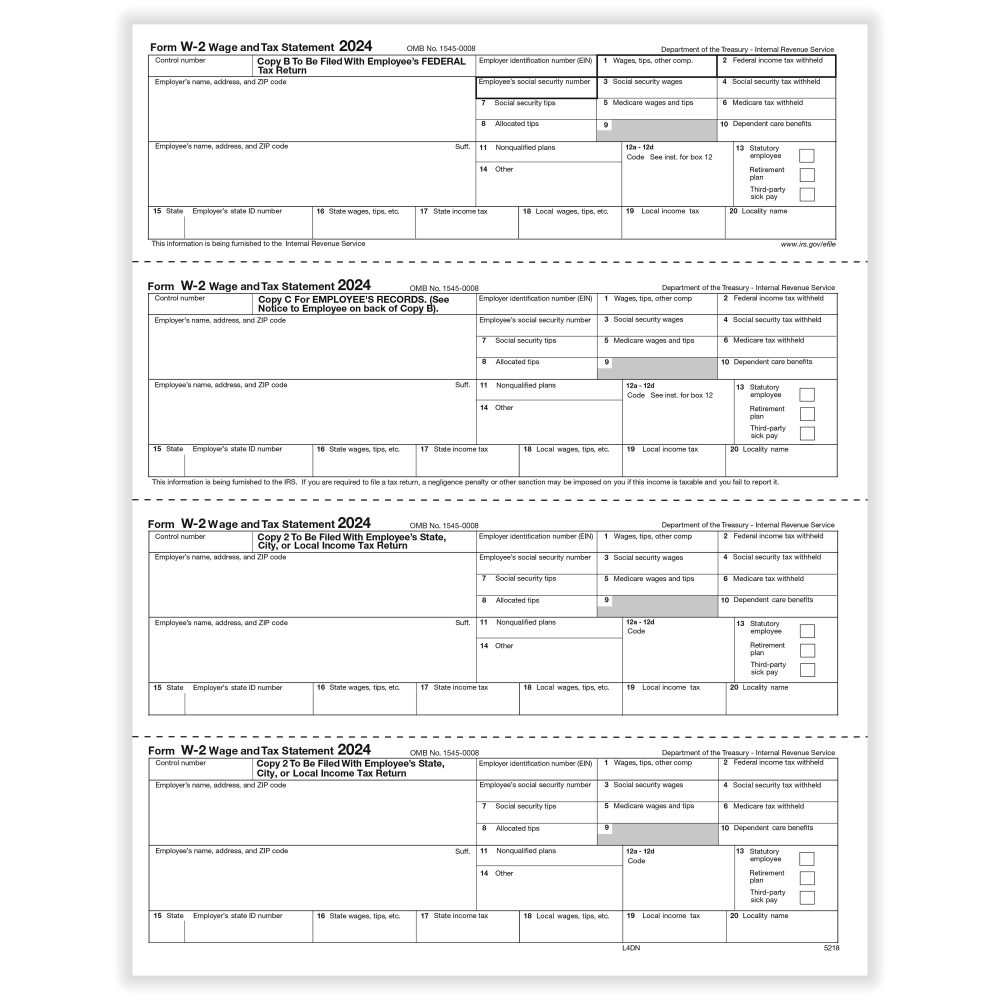 ComplyRight W-2 Tax Forms, 4-Up (N-Style), Employee's Copies B, C, 2, 2 Combined, Laser, 8-1/2in x 11in, Pack Of 25 MPN:52182524