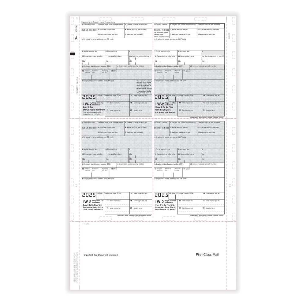ComplyRight W-2 Tax Forms, Employee's Copy B, C, 2 Or Extra Copy, 4-Up (Box), EZ-Fold Duplex, 14in, Pack Of 500 Forms MPN:5224B25