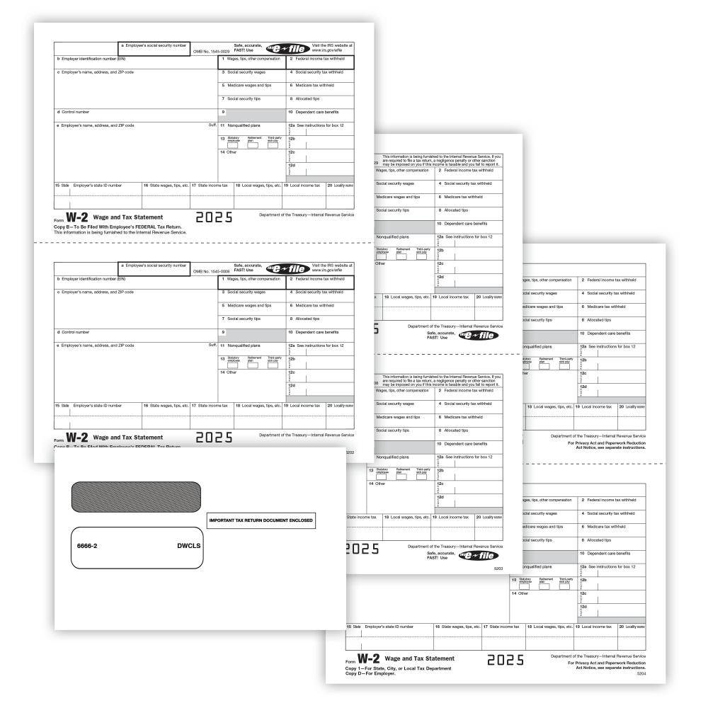 ComplyRight W-2 Tax Form Set with Envelopes, 5-Part, Recipient Copy Only, 2-Up, Pack of 50, 5648E25 MPN:5648E25