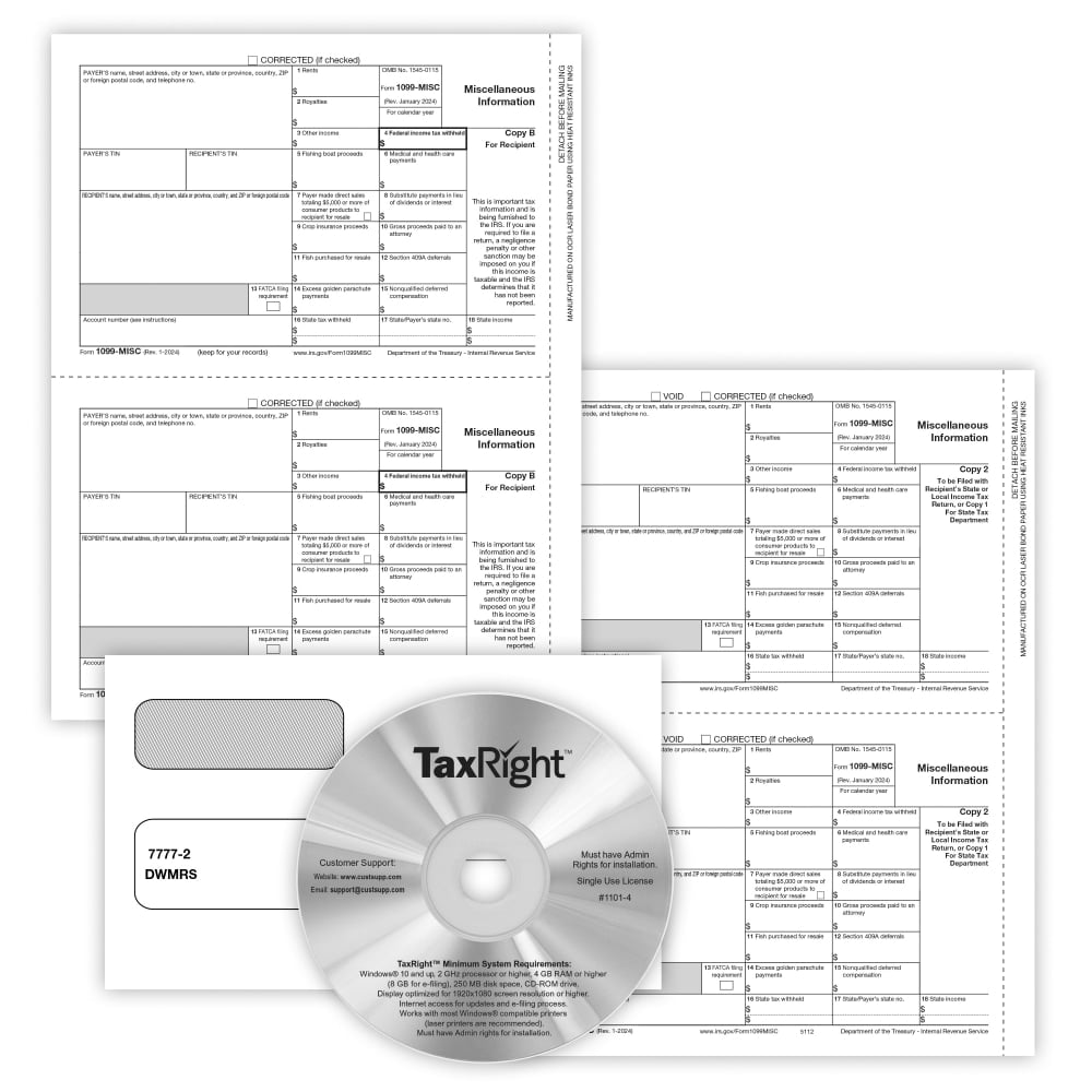 ComplyRight 1099-MISC Recipient Copy Only Tax Form Set, 3-Part, 2-Up, with Envelopes & TaxRight Software, Pack of 50 MPN:6113ES