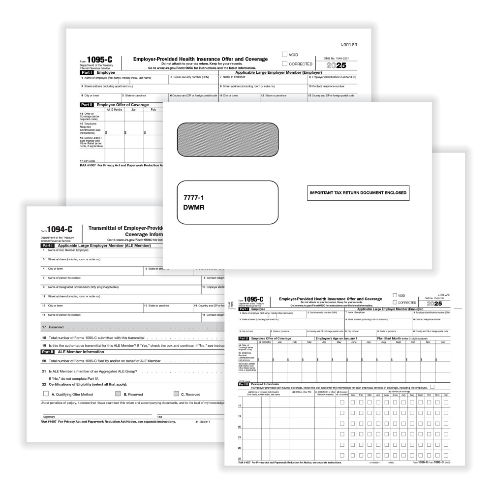 ComplyRight 1095-C Tax Forms Set, Employer-Provided Health Insurance Offer And Coverage Forms With Envelopes, 8-1/2in x 11in, Set for 50 Recipients MPN:AC1095E15025