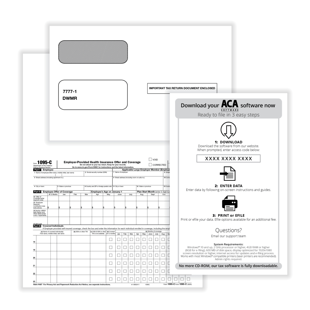ComplyRight 1095-C Tax Forms Set, Employer-Provided Health Insurance Offer & Coverage Forms, Envelopes/Software, Set Of 100, AC1095E200S25 MPN:AC1095E200S25