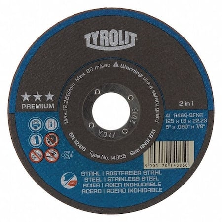 Abrasive Cut-Off Wheel, Type 1, 4-1/2 in Dia, 0.040 in Thick, 7/8 in Arbor Hole Size, 60 Grit MPN:34162818