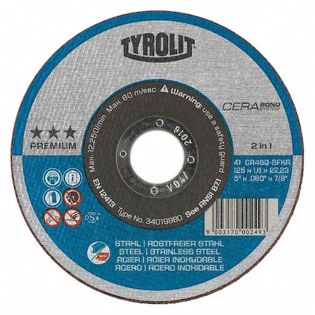 Abrasive Cut-Off Wheel, Type 27, 6 in Dia, 0.045 in Thick, 7/8 in Arbor Hole Size, 60 Grit MPN:34332917