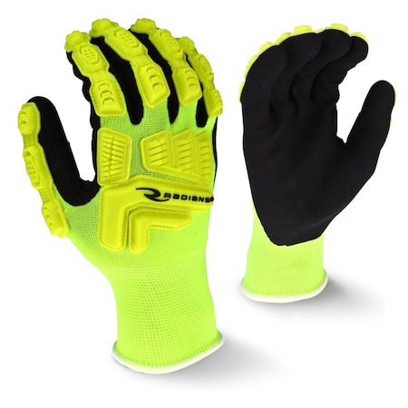 Hi-Vis Impact Coated Gloves, Nitrile, Sandy, Palm, Not Rated Abrasion Level, Hi-Vis Yellow, L MPN:RWG21L