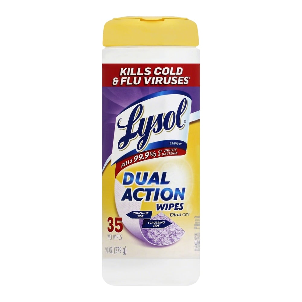 Lysol Dual Action Wipes, Citrus Scent, 7-1/4in x 7in, White/Purple, Canister Of 35 Wipes MPN:81143