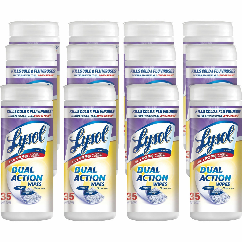 Lysol Dual Action Wipes, Citrus Scent, 7in x 7-1/4in, 35 Wipes Per Canister, 25% Recycled, Carton Of 12 Canisters MPN:81143CT