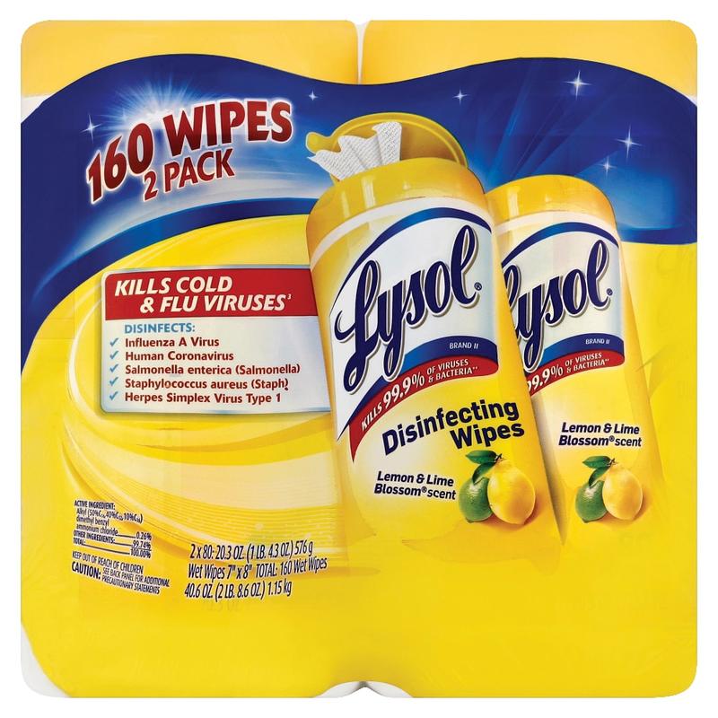 Lysol Disinfecting Wipes, Lemon & Lime Blossom, 7in x 8in, White, 80 Sheets Per Canister, Pack Of 2 Canisters (Min Order Qty 2)