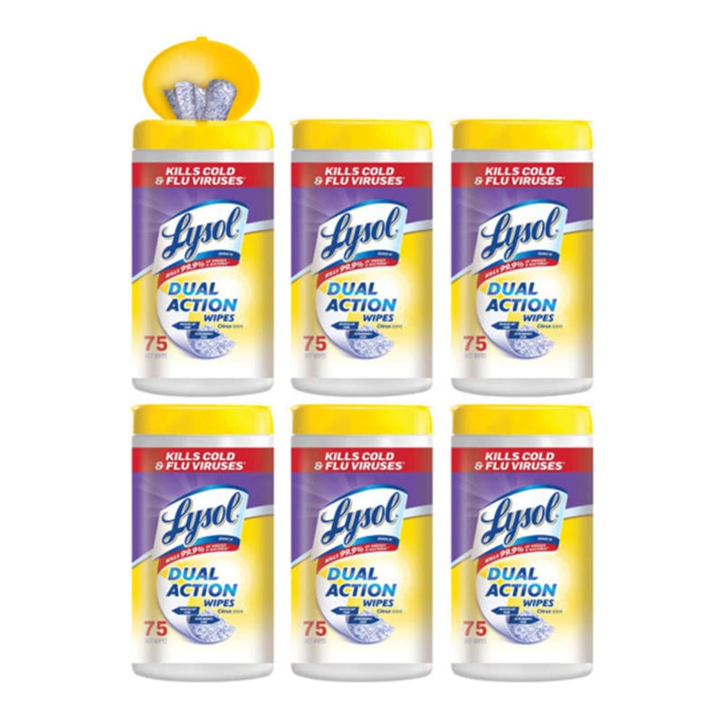 Lysol Dual Action Wipes - Wipe - Citrus Scent - 7in Width x 8in Length - 6 / Carton