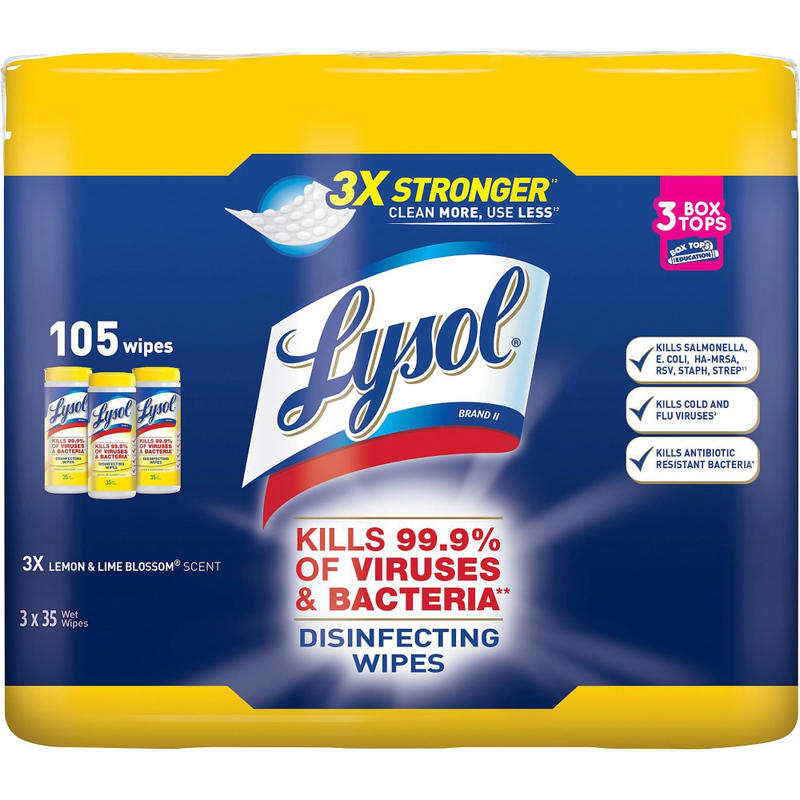 Lysol Disinfecting Wipes, Lemon-Lime Blossom Scent, 35 Wipes Per Canister, Pack Of 3 Canisters (Min Order Qty 4)