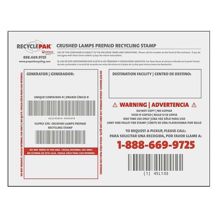 Crushed Lamps Prepaid Recycling Stamp MPN:SUPPLY-276-SWS