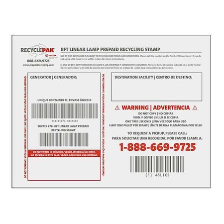 8Ft Linear Lamp Prepaid Recycling Stamp MPN:SUPPLY-278-SWS