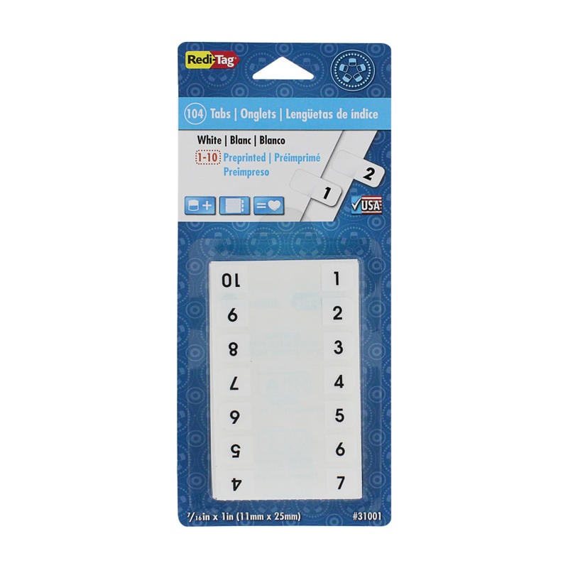 Redi-Tag Permanent Index Tabs, 1-10, White, 8 Sets (24 Blank), Pack Of 104 Tabs (Min Order Qty 18) MPN:31001