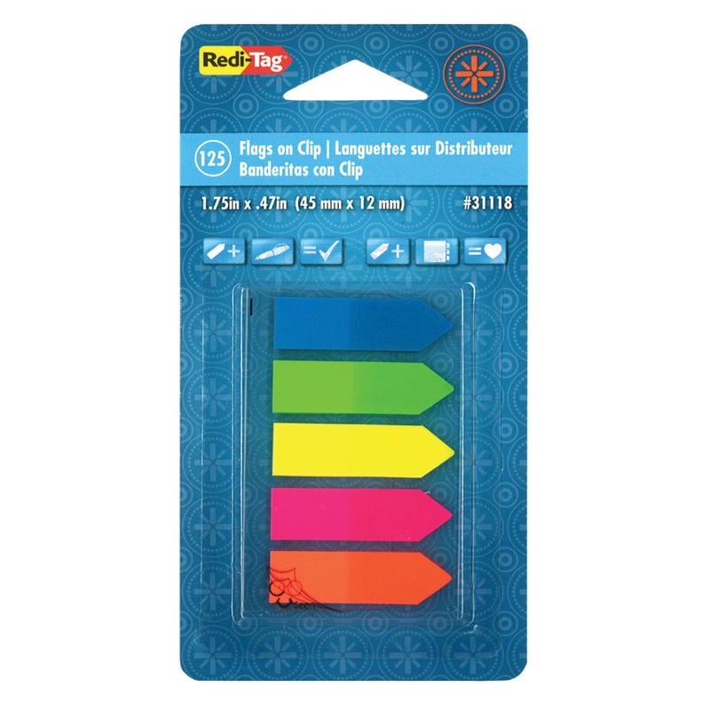 Redi-Tag See Note Arrow Page Flags On Clip-On Holder, 1 3/4in x 15/32in, Assorted Neon Colors, Pack Of 125 (Min Order Qty 19) MPN:31118