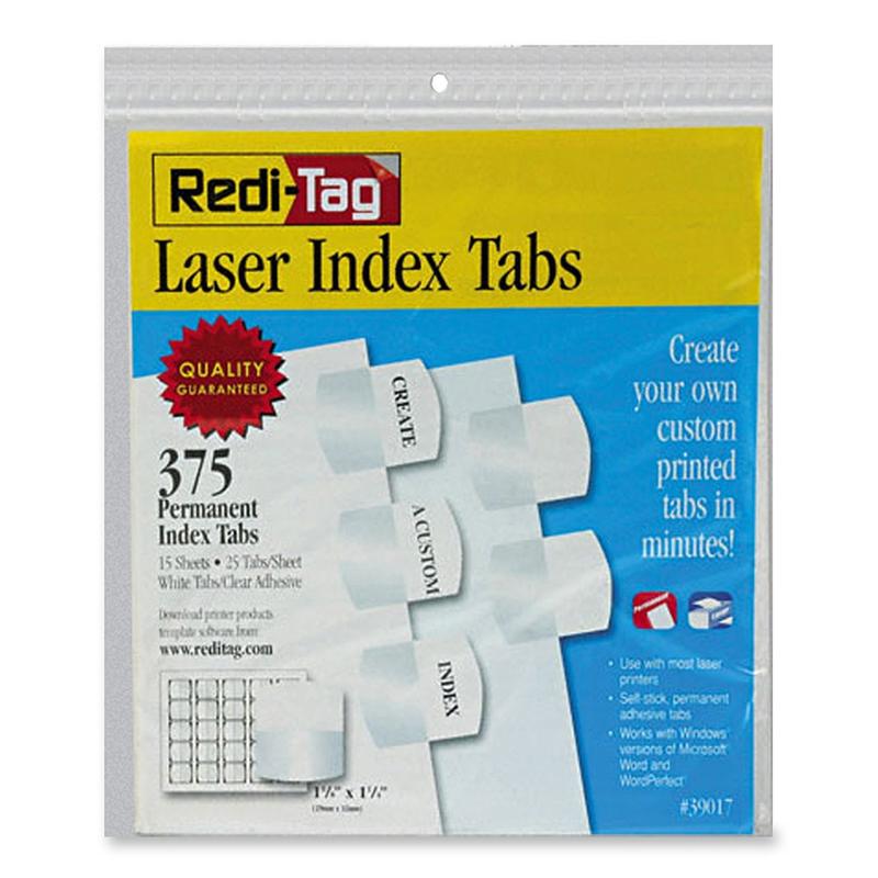 Redi-Tag Laser Index Tabs, 1 1/8in x 1 1/4in, White, Pack Of 375 (Min Order Qty 2) MPN:39017