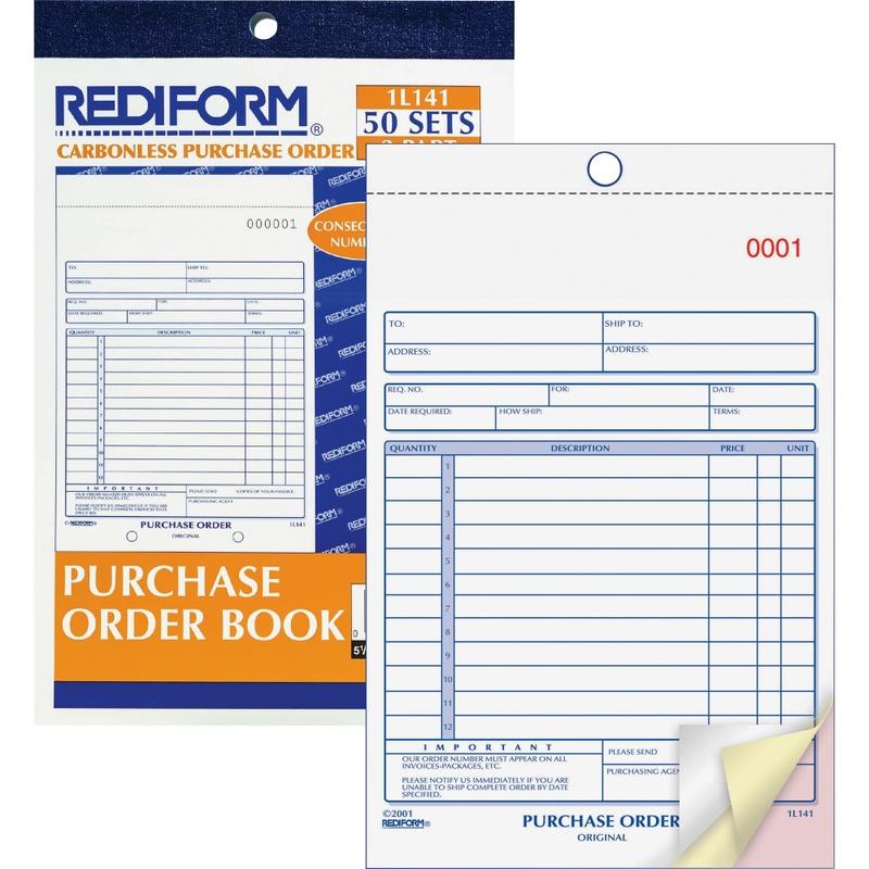 Rediform 3-Part Carbonless Purchase Order Book - 50 Sheet(s) - 3 PartCarbonless Copy - 5.50in x 7.87in Sheet Size - White, Canary, Pink - Blue Print Color - 1 Each (Min Order Qty 7) MPN:1L141