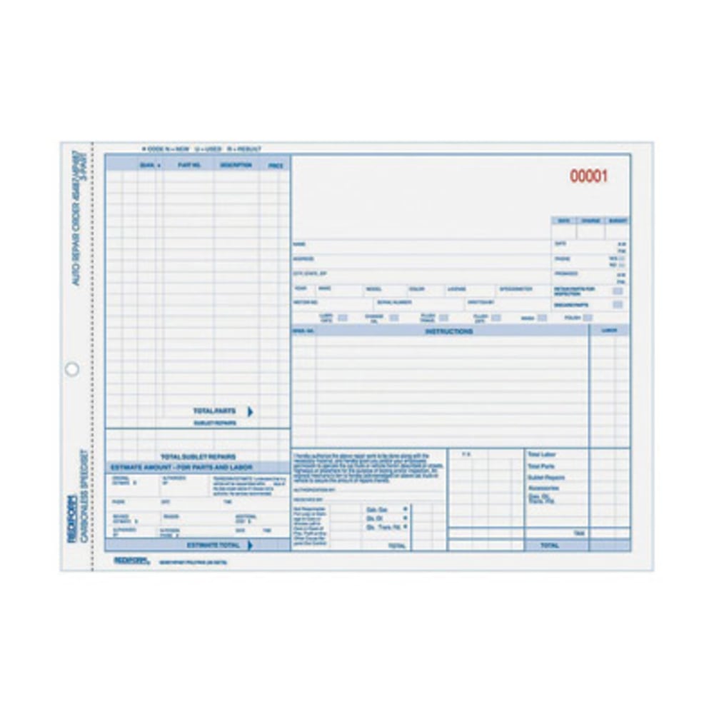 Rediform 3-part Auto Repair Order Forms - 3 PartCarbonless Copy - 11in x 8 1/2in Sheet Size - Assorted Sheet(s) - Blue Print Color - 50 / Pack (Min Order Qty 3) MPN:4P487