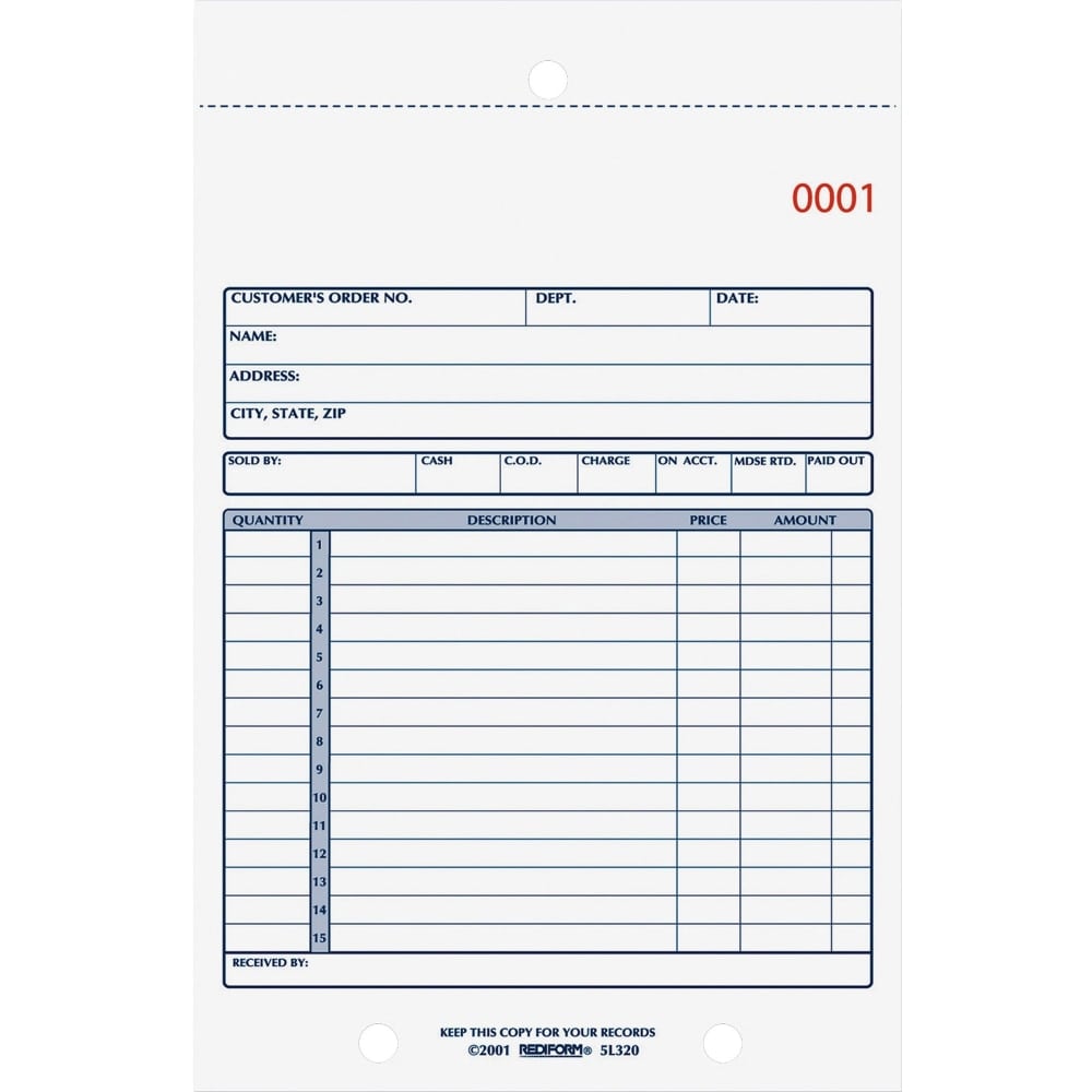 Rediform 2-Part Carbonless Sales Forms - 50 Sheet(s) - Stapled - 2 Part - Carbonless Copy - 5.50inx7.87in Sheet Size - 5L320 MPN:5L320