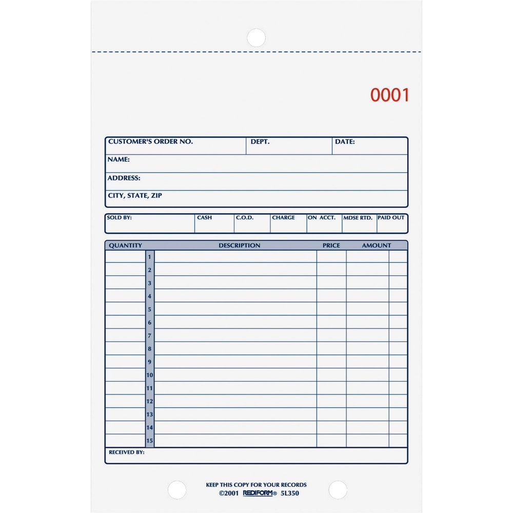 Rediform 3-Part Carbonless Sales Form - 50 Sheet(s) - Stapled - 3 PartCarbonless Copy - 5 1/2in x 7 7/8in Sheet Size - 2 x Holes - White, Yellow, Pink Sheet(s) - Blue Print Color - 1 Each (Min Order Qty 5) MPN:5L350