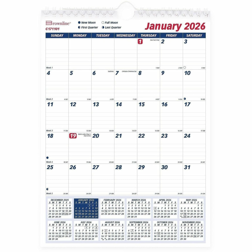 Brownline Wall Calendar Monthly 8x11in English, Professional, Julian Dates, Monthly, 12 Month, January 2025 to December 2025 MPN:C171101