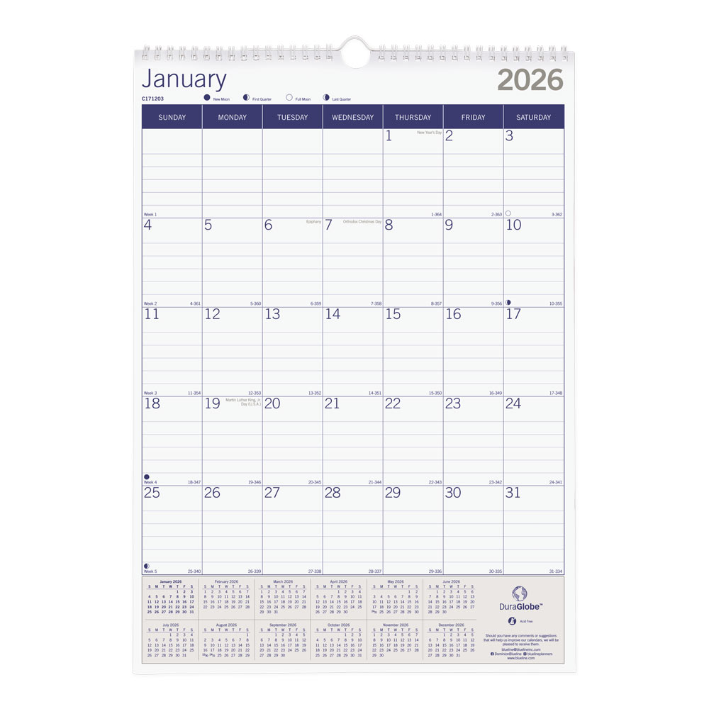 2026 Blueline DuraGlobe Monthly Wall Calendar, 12in x 17in, Blue/White, January To December, C171203 MPN:C171203-26