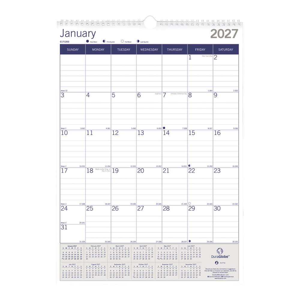 2027 Blueline DuraGlobe Monthly Wall Calendar, 12in x 17in, Blue/White, January To December, C171203, Total Qty 1 MPN:C171203-27