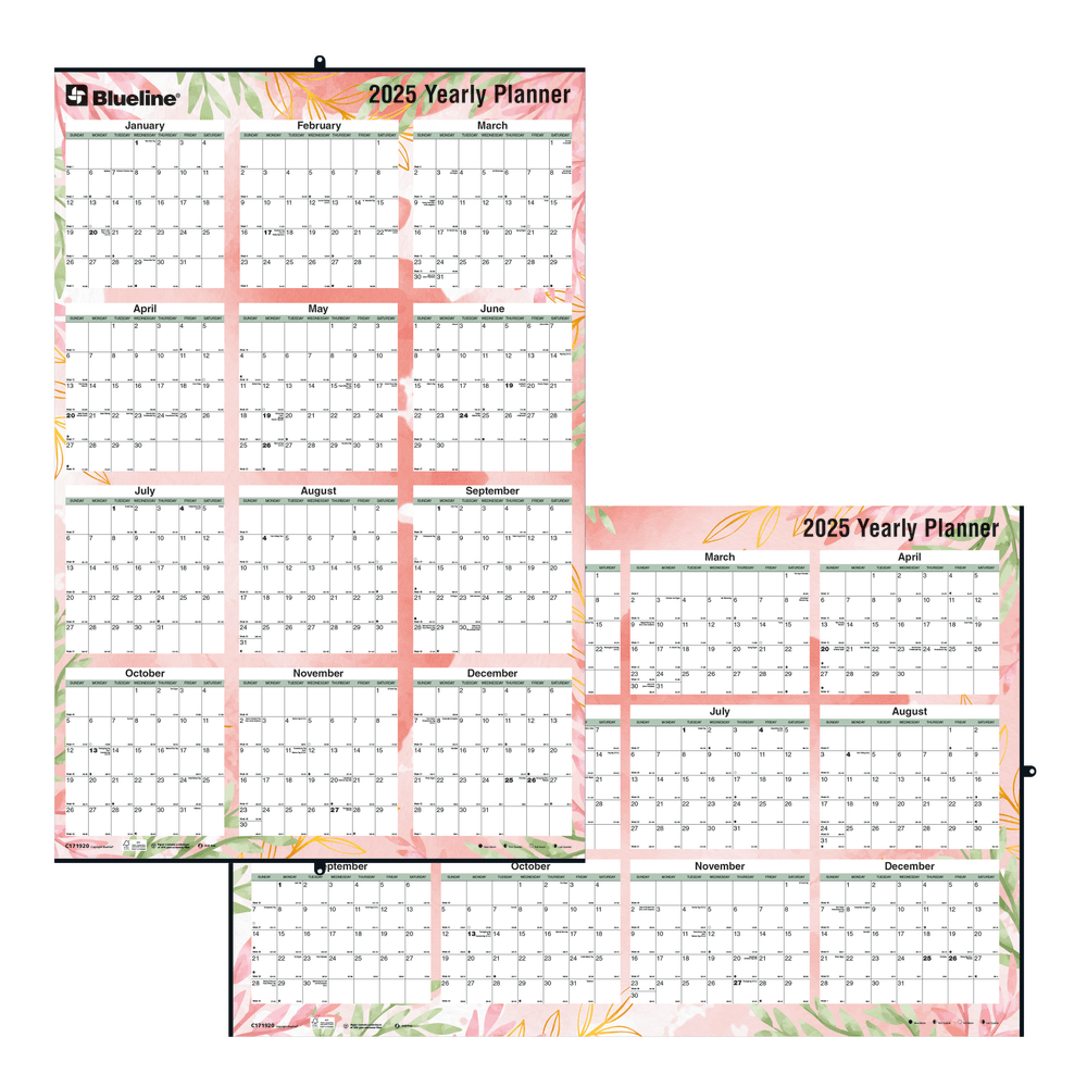 2025 Blueline Colorful Laminated, Reversible And Erasable Yearly Wall Planner, 24in x 36in, Tropical, January To December, C171920 MPN:C171920-25