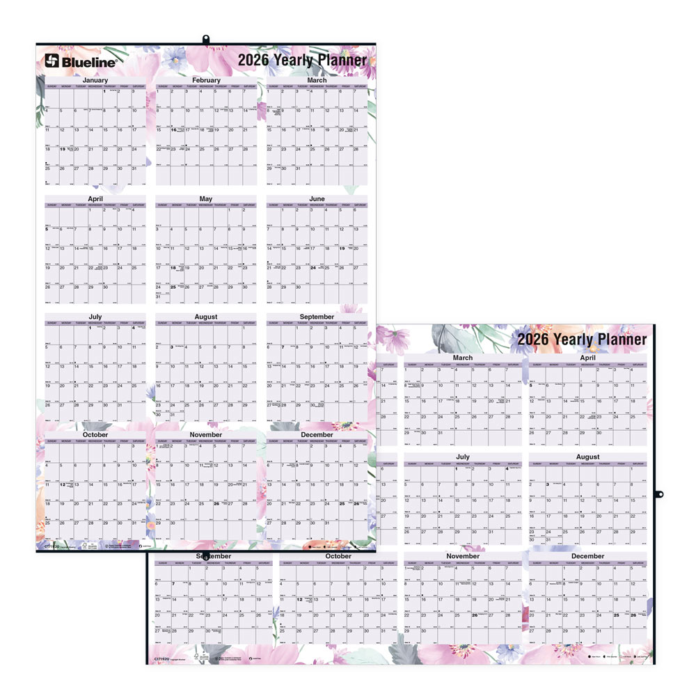 2026 Blueline Colorful Laminated, Reversible And Erasable Yearly Wall Planner, 24in x 36in, 30% Recycled, Passion, January To December, C171920 MPN:C171920-26
