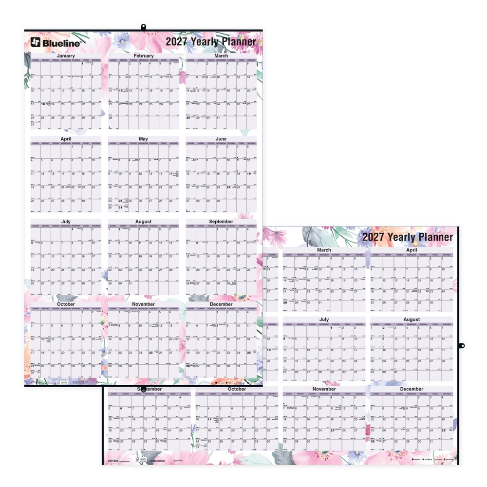 2027 Blueline Colorful Laminated, Reversible And Erasable Yearly Wall Planner, 24in x 36in, 100% Recycled, Passion, January To December, Total Qty 1 MPN:C171920-27