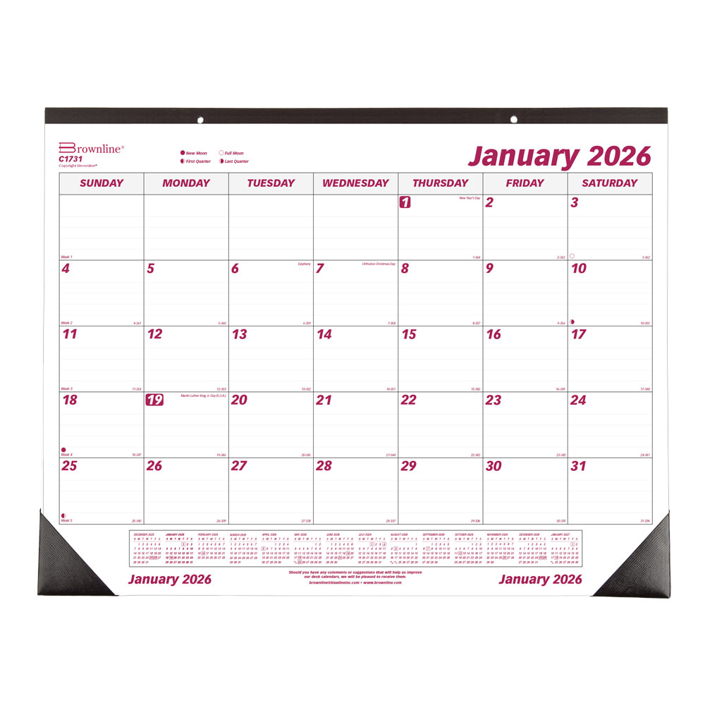 2026 Brownline Monthly Desk Pad Calendar, 22in x 17in, Burgundy/White, January To December, C1731 MPN:C1731-26