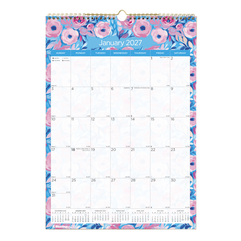 2027 Blueline Colorful Monthly Wall Calendar, 12in x 17in, Floral, January To December, C173128, Total Qty 1 MPN:C173128-27