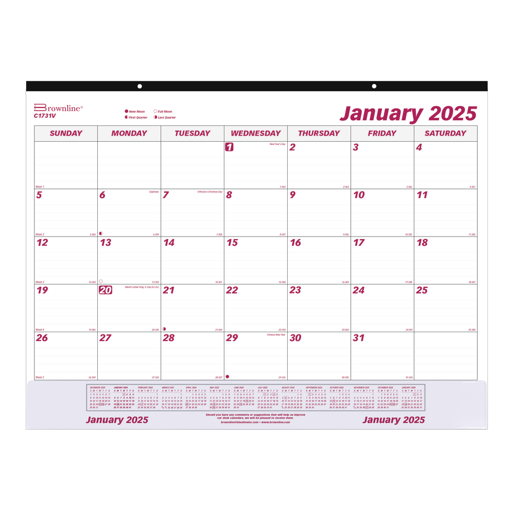 2025 Brownline Monthly Desk Pad Calendar, With Vinyl Strip, 22in x 17in, Burgundy/White, January to December, C1731V MPN:C1731V-25