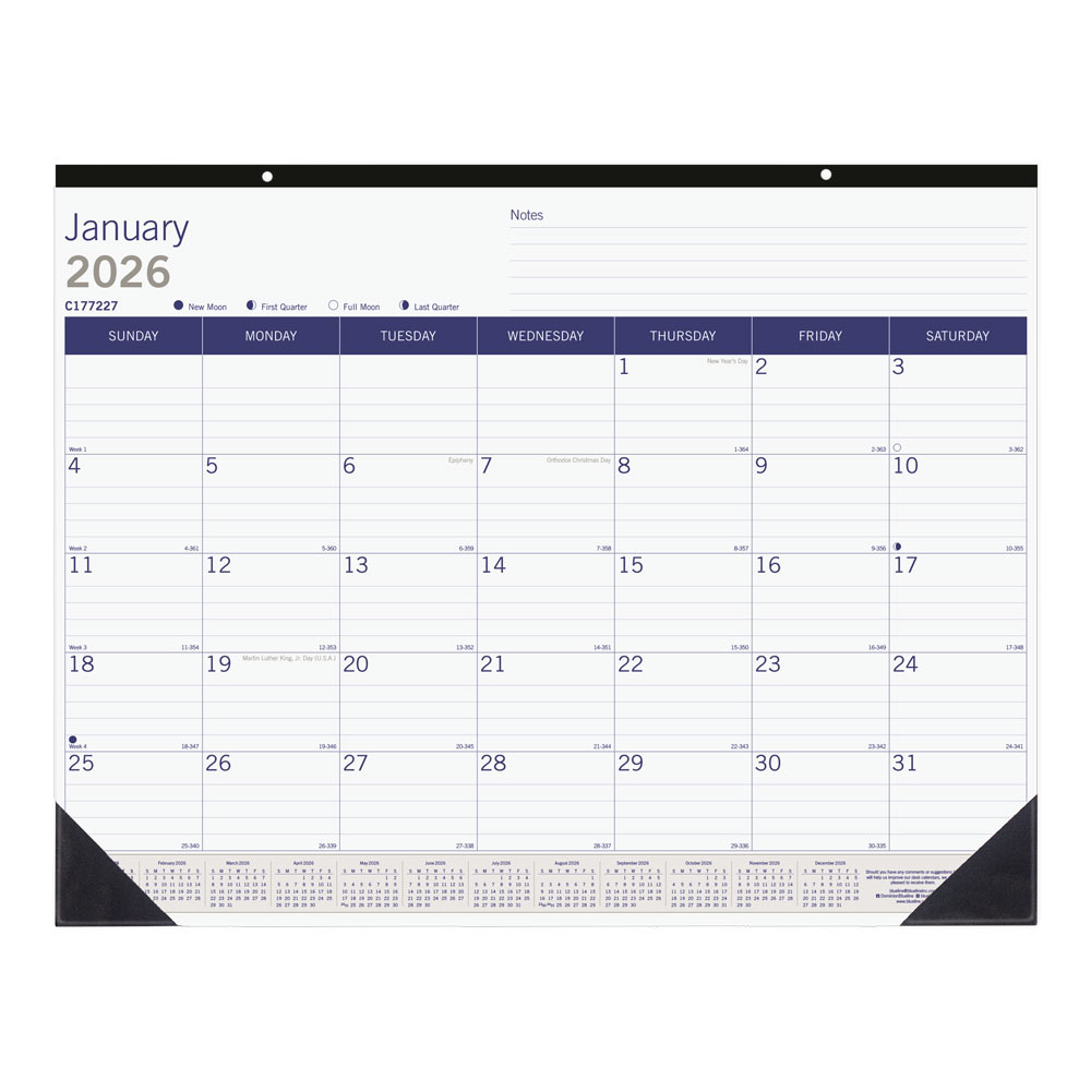 2026 Blueline DuraGlobe Monthly Desk Pad Calendar, 22in x 17in, Blue/White, January To December, C177227 MPN:C177227-26