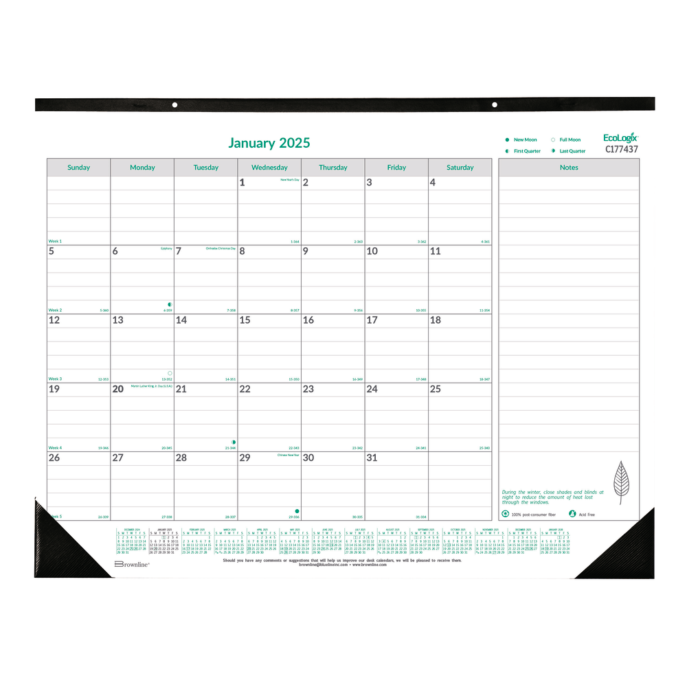 2025 Brownline EcoLogix Monthly Desk Pad Calendar, 22in x 17in, 100% Recycled, Green/White, January to December, C177437 MPN:C177437-25