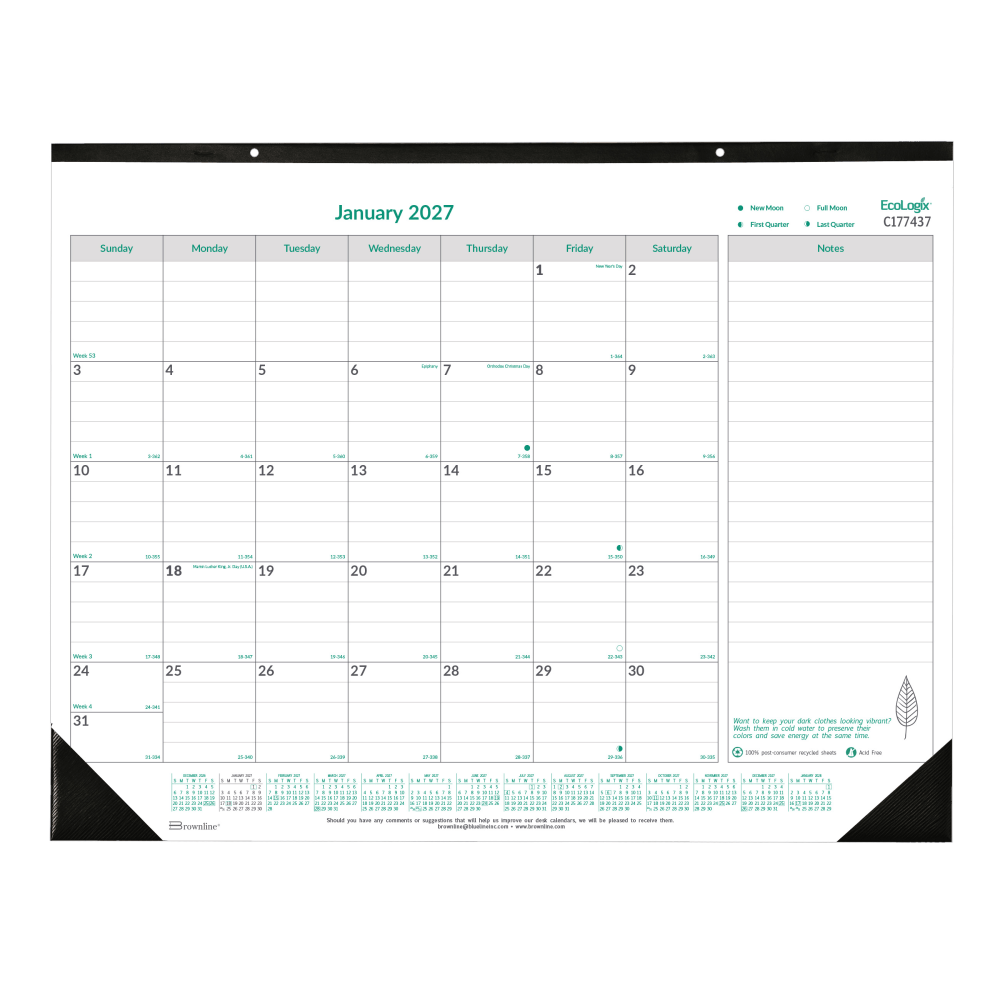 2027 Brownline EcoLogix Monthly Desk Pad Calendar, 22in x 17in, 100% Recycled, Green/White, January to December, C177437, Total Qty 1 MPN:C177437-27