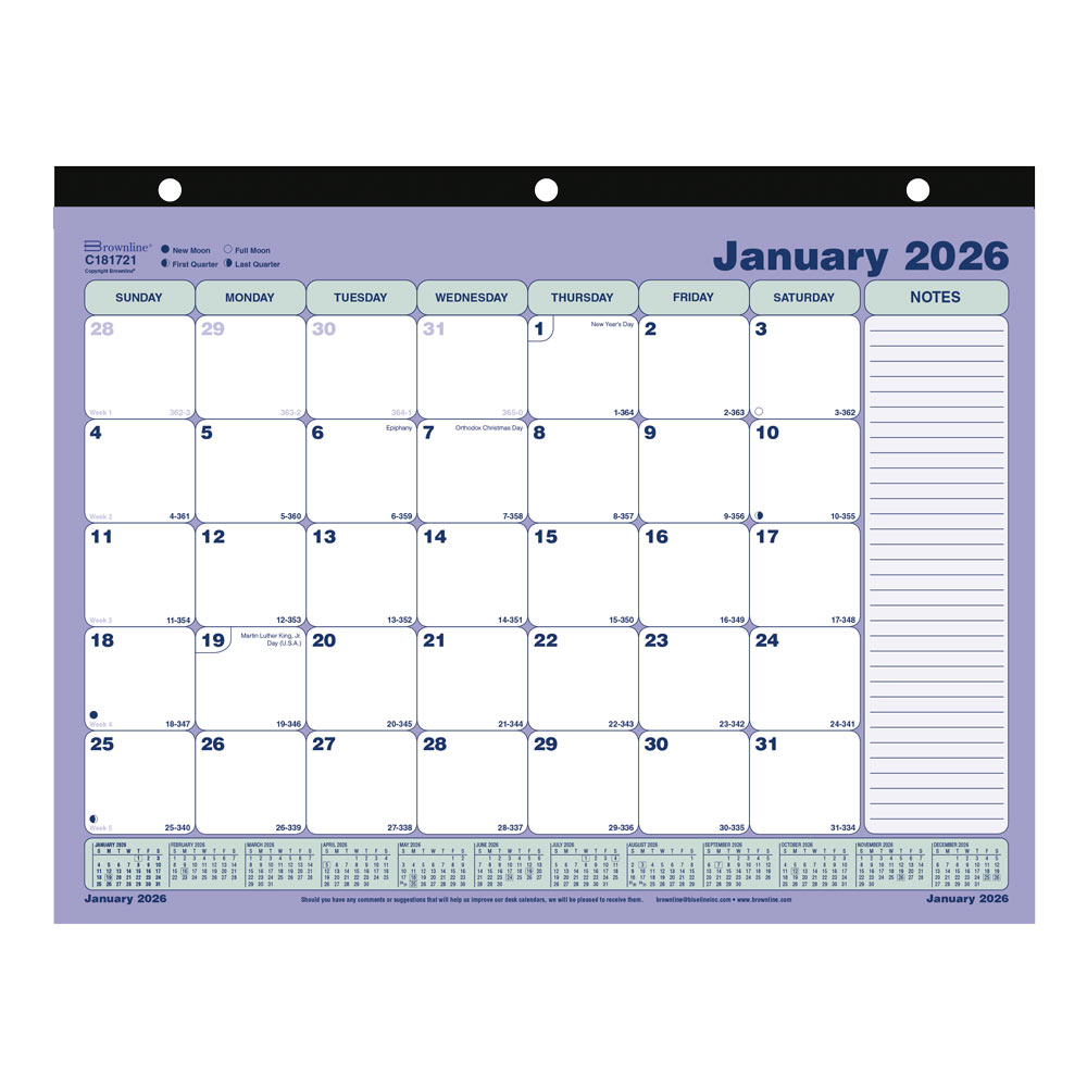 2026 Brownline Monthly Desk Pad Calendar, 11in x 8-1/2in, Blue/White, January To December, C181721 MPN:C181721-26