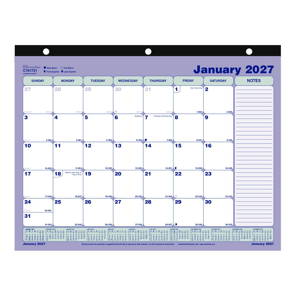 2027 Brownline Monthly Desk Pad Calendar, 11in x 8-1/2in, Blue/White, January To December, C181721, Total Qty 1 MPN:C181721-27