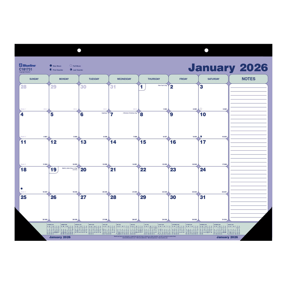 2026 Blueline Monthly Desk Pad Calendar, 21-1/4in x 16in, Blue/White, January To December, C181731 MPN:C181731-26