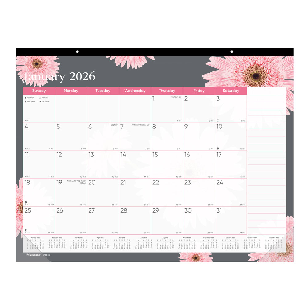 2026 Blueline Monthly Desk Pad Calendar, 22in x 17in, Pink Daisy, January To December, C193105 MPN:C193105-26