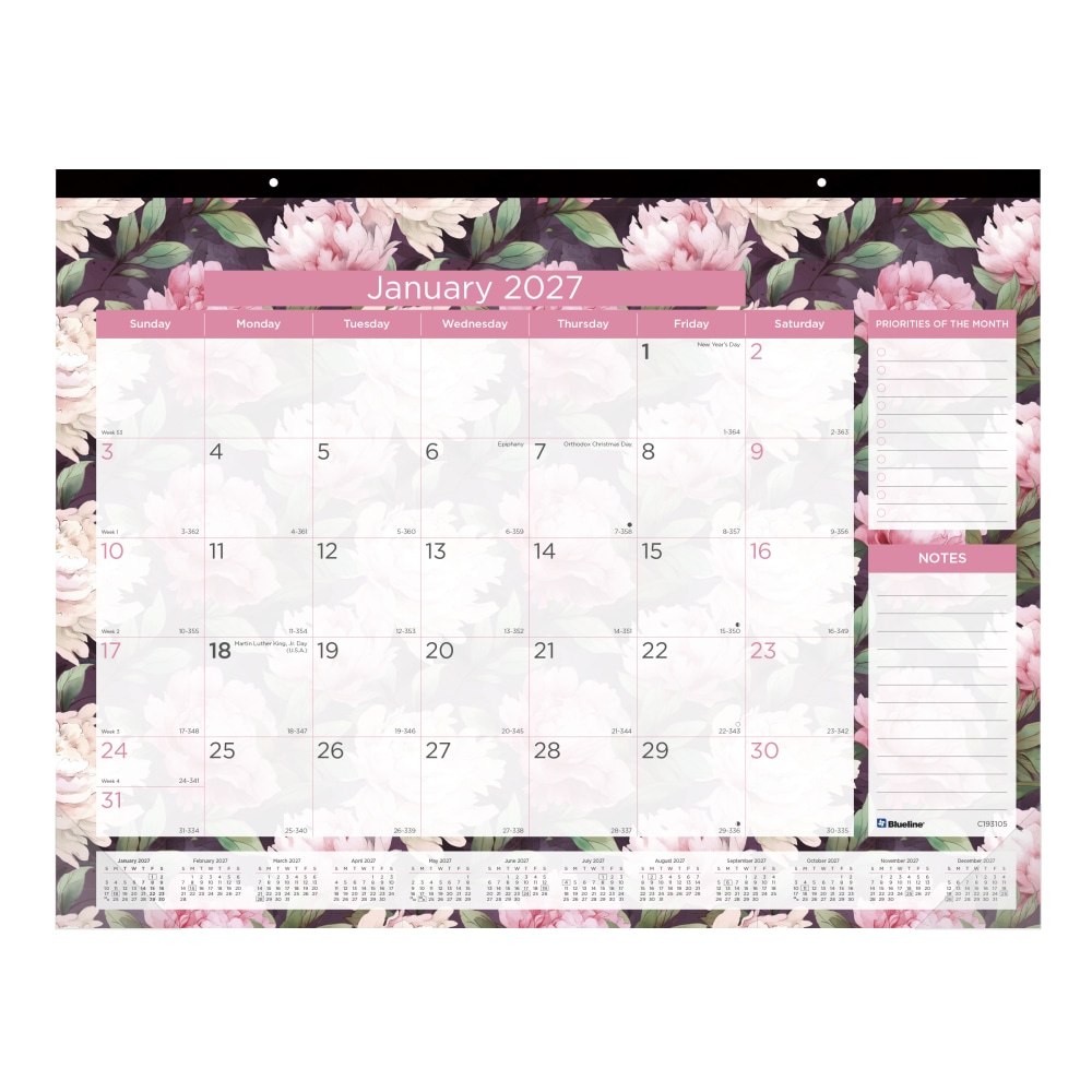 2027 Blueline Monthly Desk Pad Calendar, 22in x 17in, Pink, January To December, C193105, Total Qty 1 MPN:C193105-27
