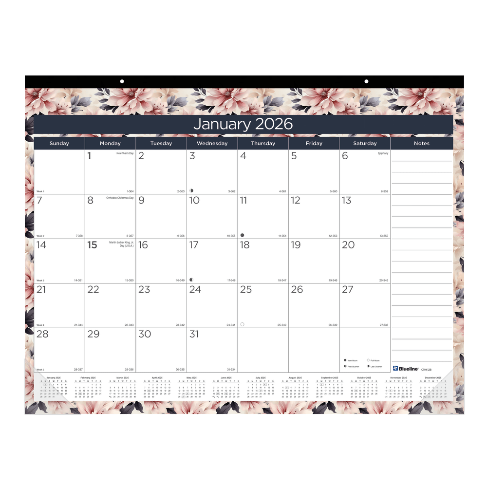 2026 Blueline Colorful Monthly Desk Pad Calendar, 22in x 17in, Floral, January To December, C194128 MPN:C194128-26