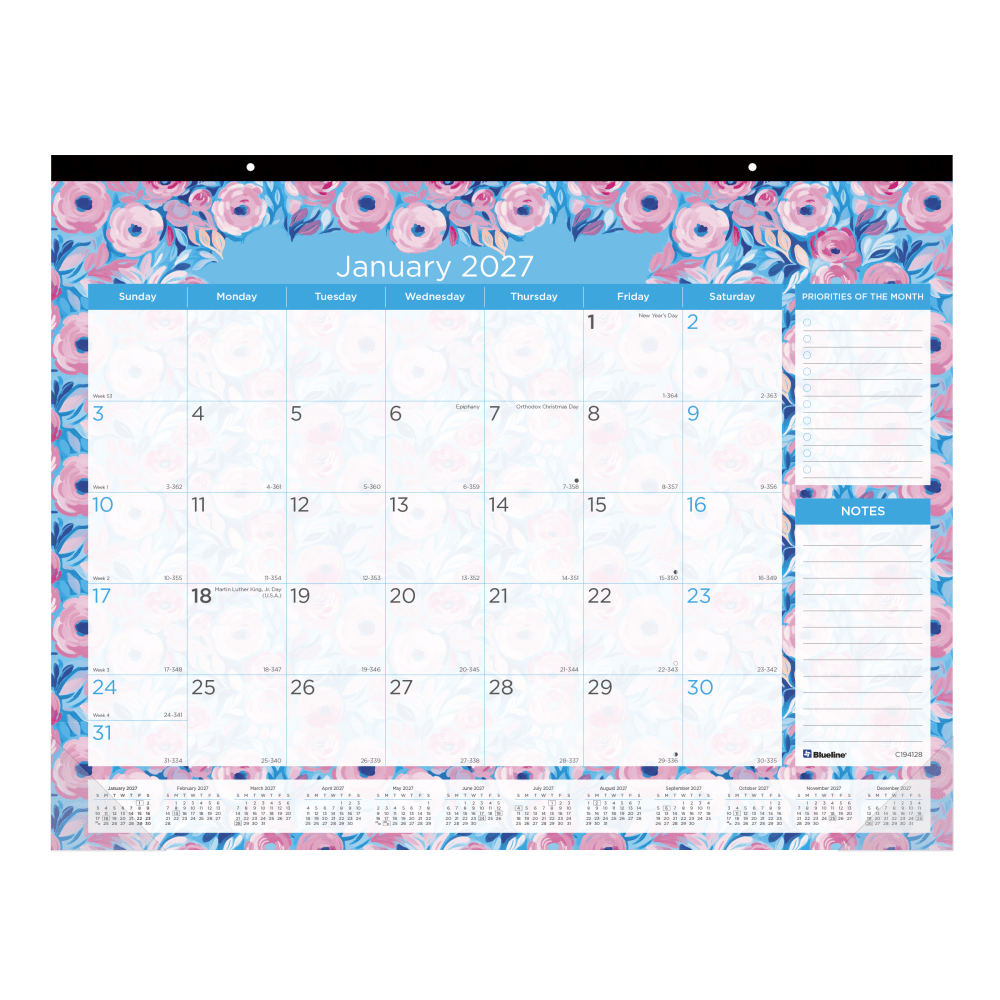 2027 Blueline Colorful Monthly Desk Pad Calendar, 22in x 17in, Floral, January To December, C194128, Total Qty 1 MPN:C194128-27
