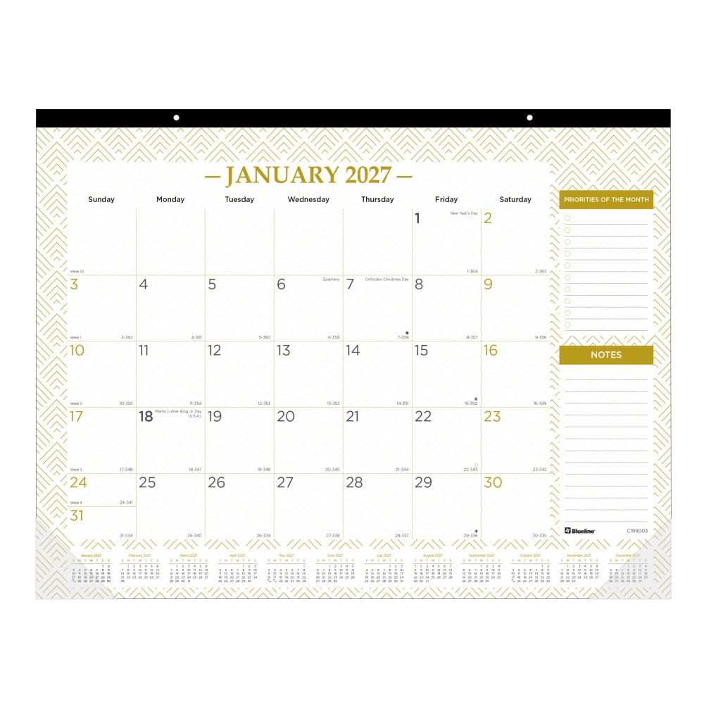 2027 Blueline Classic Gold Monthly Desk Pad Calendar, 22in x 17in, Gold/White, January To December, C199003, Total Qty 1 MPN:C199003-27