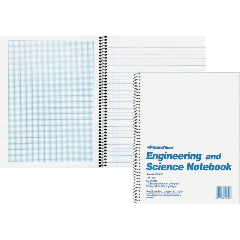 Rediform Engineering and Science Notebook - Letter - 60 Sheets - Wire Bound - Both Side Ruling Surface - Light Blue Margin - 16 lb Basis Weight - Letter - 8 1/2in x 11in - White Paper - White Cover - Unpunched, Heavyweight, Hard Cover (Min Order Qty 5) MP
