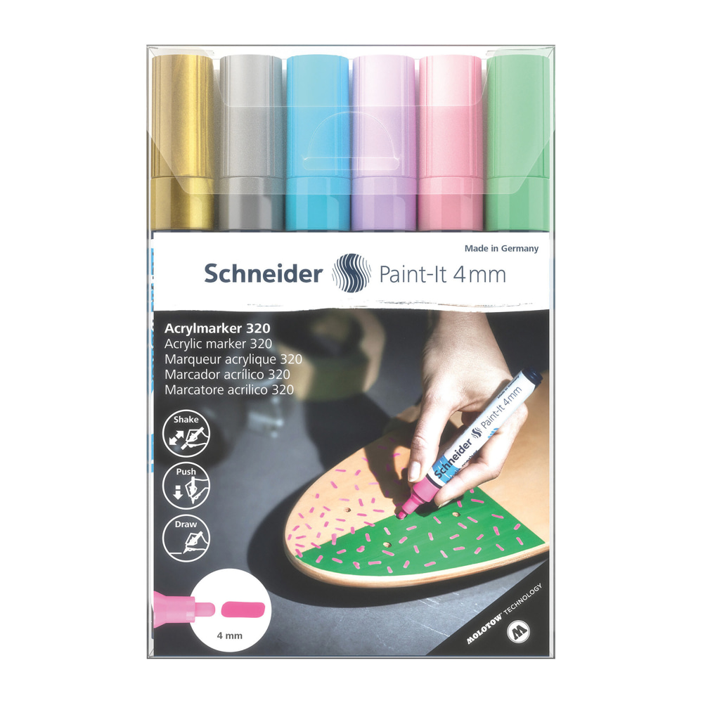 Schneider Paint-It 320 Acrylic Markers, 4 mm Bullet Tip, Assorted Ink Colors, Pack Of 6 Markers MPN:PSY120296