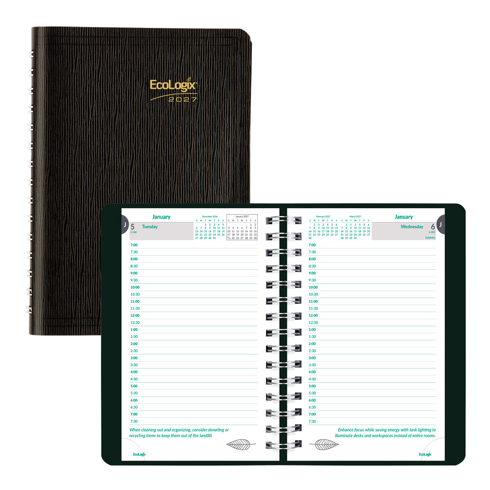 2027 Brownline EcoLogix Daily Appointment Planner, 8in x 5in, 100% Recycled, Black, January To December, CB410W.BLK, Total Qty 1 MPN:CB410W.BLK-27
